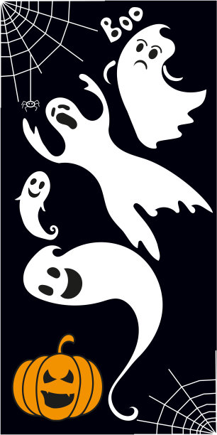 可怕的单色鬼卡片，南瓜，蜘蛛网和蜘蛛。图片下载