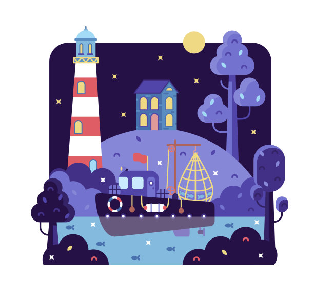 夜空，灯塔，载着鱼的船和山上的小房子。矢量卡通插图在平坦的风格图片下载