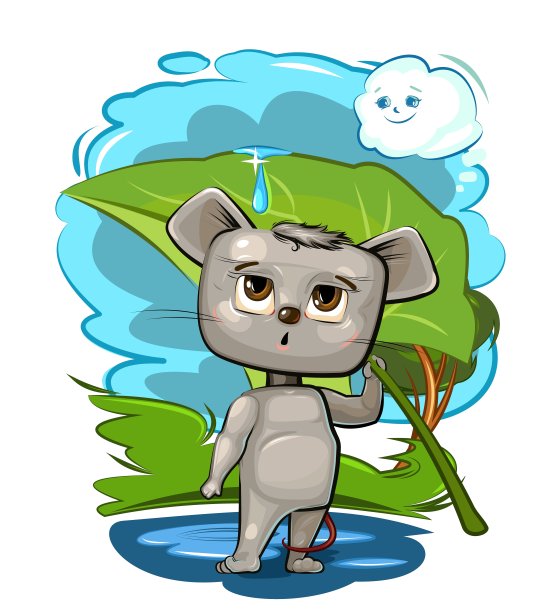 有趣可爱的老鼠用树叶代替伞。躲雨。云笑了。那孩子是个动物。对儿童插图。卡通风格。孤立在白色背景上。向量图片下载