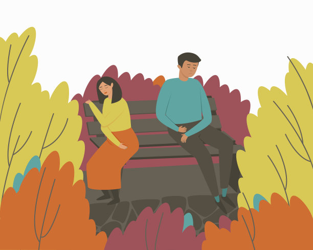 一对相爱的夫妻坐在长凳上争吵图片下载