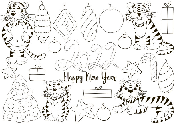 2022年的象征。套虎和新春元素的手绘风格图片下载