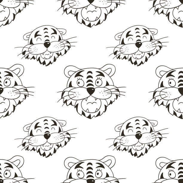 着色无缝矢量模式与老虎的脸。图案在手绘风格。2022年新年假期图片下载