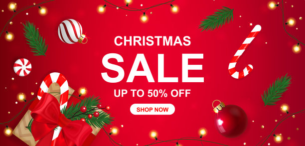 圣诞节出售红色旗帜和礼品盒和糖果。圣诞球。图片下载