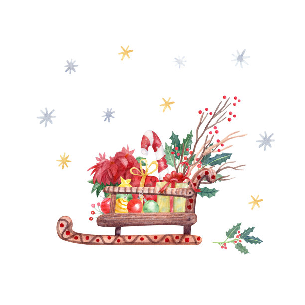水彩画圣诞老人的雪橇与礼物盒，一品红花和圣诞小玩意。图片下载
