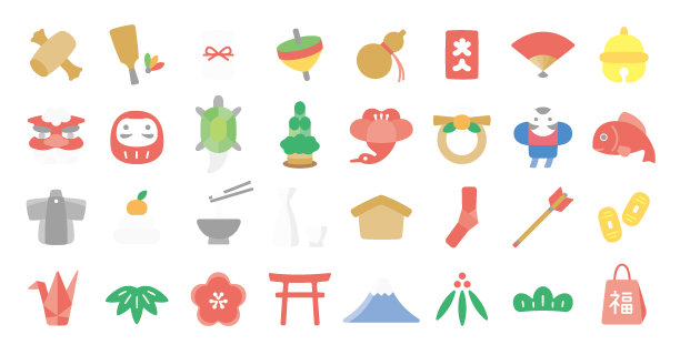 日本新年图标套装(单色版)图片下载