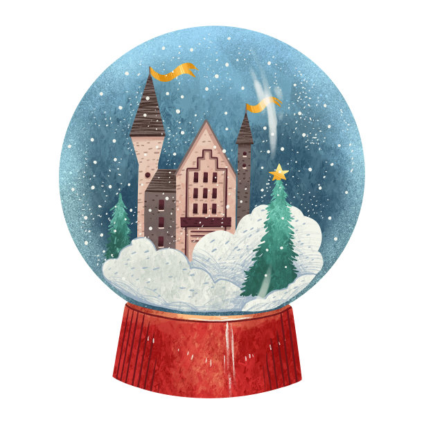 圣诞节彩色插图，球与冬季城堡在雪与圣诞树和雪堆的圣诞节童话图片下载