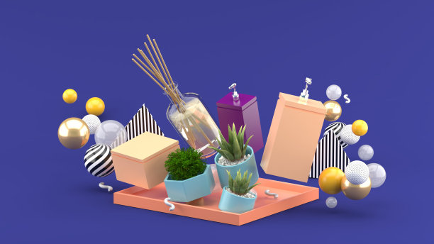 水疗设施漂浮在紫色背景的彩色球之间。3 d渲染。图片下载