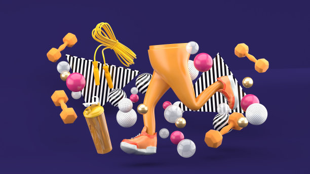 双腿、跑鞋和健身器材在紫色背景的彩色球中。3 d渲染。图片下载