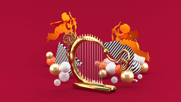 竖琴师和丘比特在红色背景的彩色球中。3 d渲染。“n图片下载