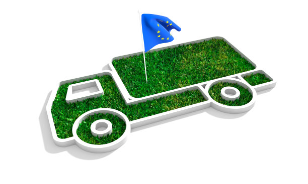 3d绿草覆盖抽象卡车图标与旗帜的欧盟图片下载