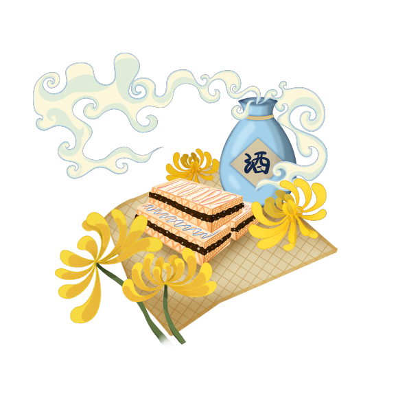 重阳节菊花和酒和糕点组合素材图片