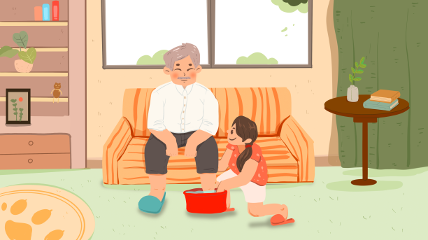 高端暖色调重阳节关爱老人孙女给爷爷洗脚插画图片下载