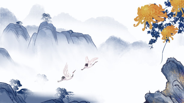 重阳节中国风山水墨画花鸟画节气背景素材图片