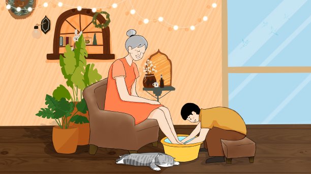 重阳节给外婆洗脚温馨插画图片下载