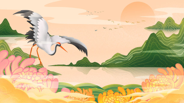 原创重阳节菊花云层仙鹤鸟群山峦插画素材图片