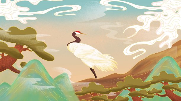 原创插画国潮风重阳节仙鹤素材图片