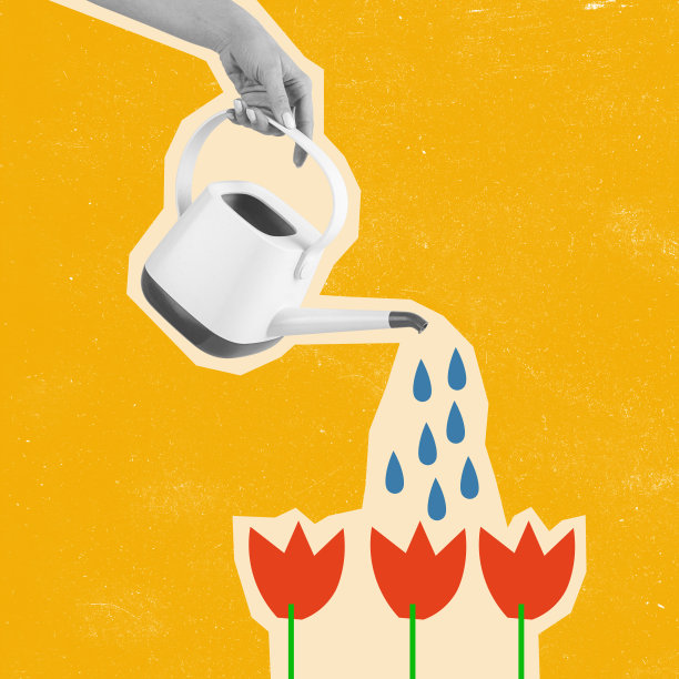 当代艺术拼贴，现代设计。夏天的心情。女手浇花。图片下载