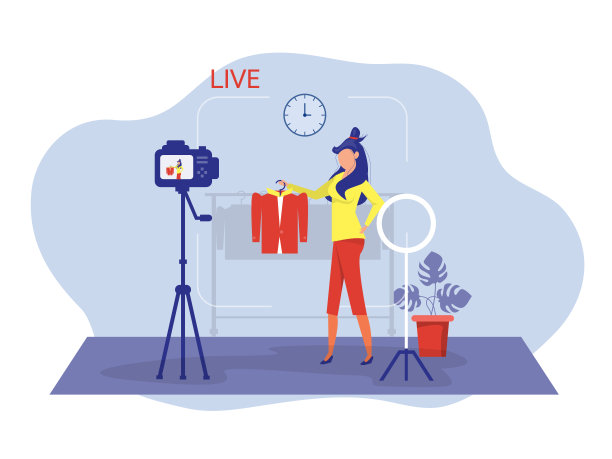 这名女子正在为她的粉丝录制视频，卖衣服。网上商店矢量平面卡通插图图片下载