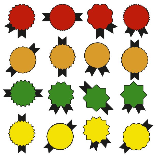 一套16个彩色的星爆图标丝带，阳光在明亮的颜色与几何图案在白色的背景，一个空的标志与题词，矢量图形图片下载