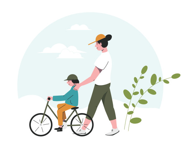 妈妈和一个孩子骑着自行车在公园里散步。与孩子们在清新的空气中休闲。场景父母和孩子一起走着。图片下载