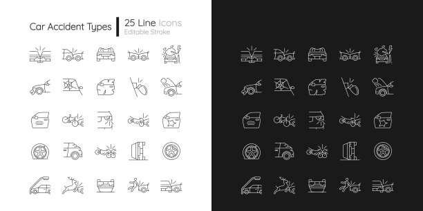 交通事故类型线性图标设置为黑暗和光明模式图片下载