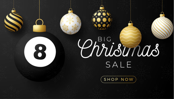 台球圣诞贺卡。圣诞快乐运动贺卡。挂在一个线台球作为一个圣诞球和金色的小饰物在黑色水平背景。运动矢量插图。图片下载