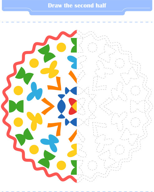 儿童教育游戏。圈出形状的第二部分并上色。图片下载