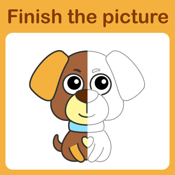 连接圆点，完成图片。简单的着色有趣的小狗。儿童绘画游戏。图片下载