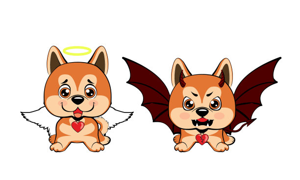 长着角和蝙蝠翅膀的魔鬼狗和快乐的狗天使。图片下载