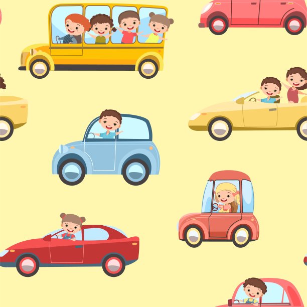 孩子们开车。无缝的卡通图案。孩子的司机。儿童背景说明。各种各样的汽车。玩具车,马达。汽车和卡车汽车。向量图片下载