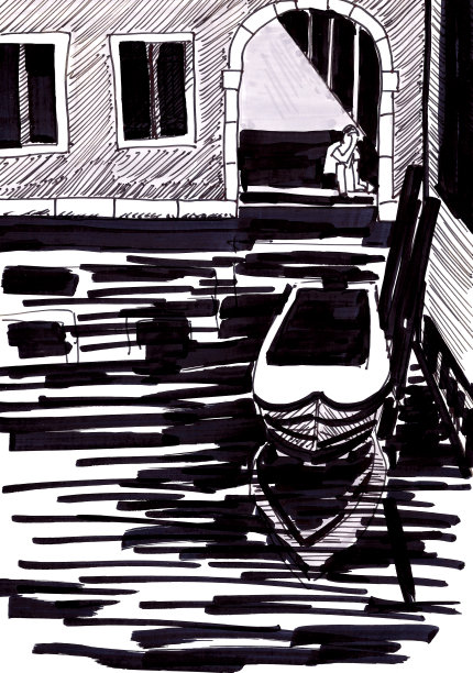 威尼斯和运河里的小船图文并作黑白旅行素描图片下载