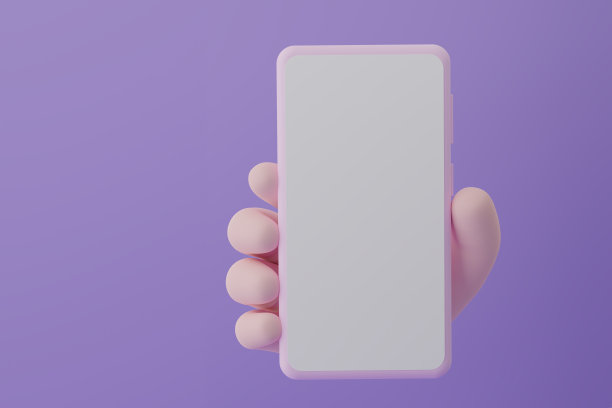 动画手持智能手机与白色屏幕紫色背景，3d插图图片下载