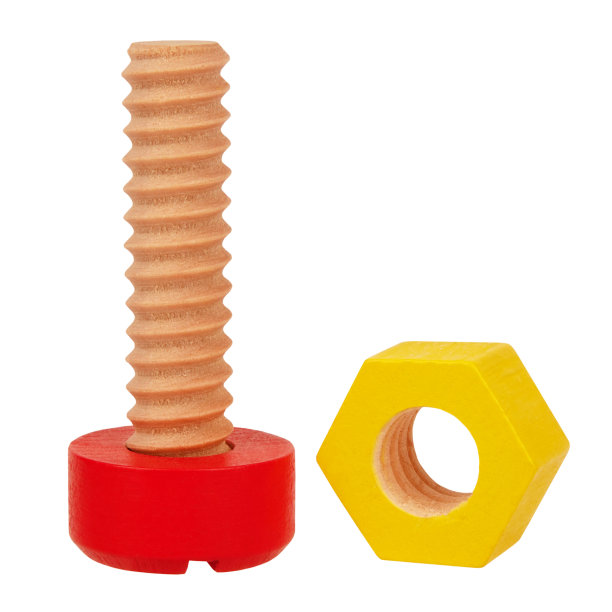 木制彩色螺丝和螺母健康玩具儿童孤立在白色背景。概念上的男女象征图片下载