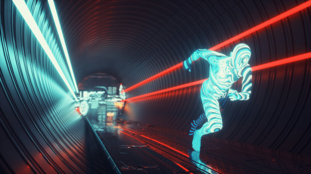 五颜六色发光的机器人在未来的走廊上奔跑。人工智能和技术概念。这是一个3d渲染图。图片下载