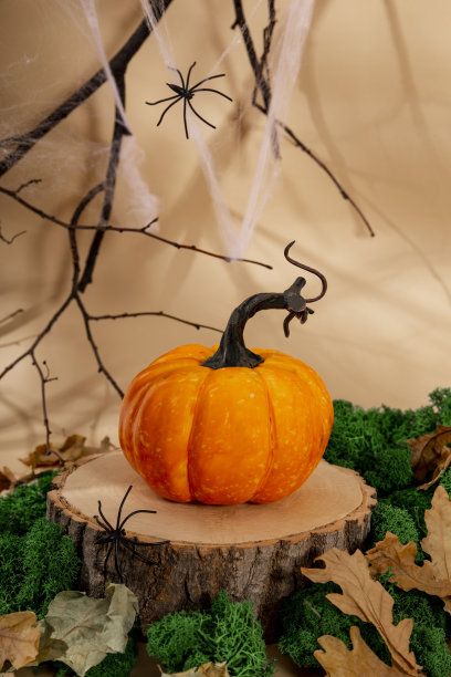 秋天南瓜木台上，有蜘蛛网、树枝和蜘蛛。秋季万圣节概念，垂直照片图片下载