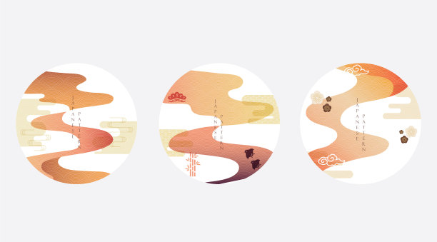 抽象艺术背景与日本波浪图案矢量。流动和动态横幅设计与梯度元素在复古风格。亚洲传统图标和标志设计。图片下载