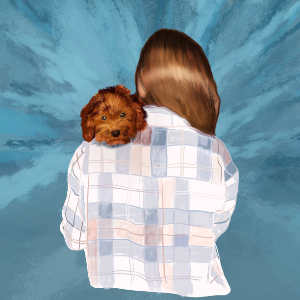 女孩背对着镜头站在那里，肩上抱着一只可爱有趣的狗。狗和它的主人。图片下载