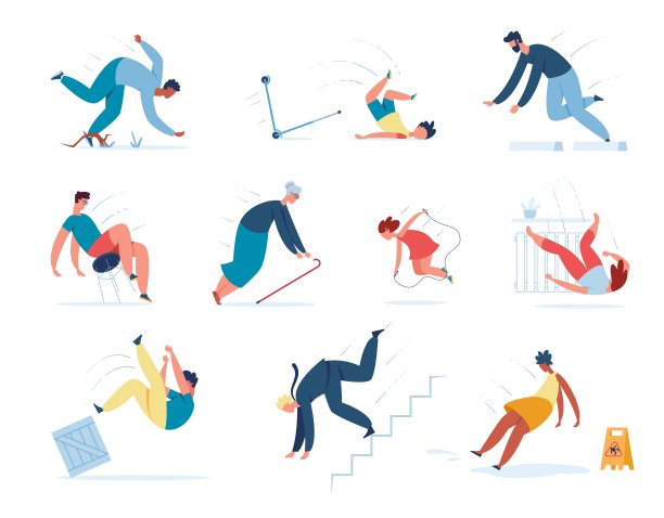 人们从楼梯上摔下来，在潮湿的地板上绊倒和滑倒。年轻或成年人物绊倒滑倒或摔伤事故向量集图片下载