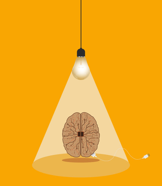 大脑和灯泡标志矢量插图孤立在黄色背景。图片下载