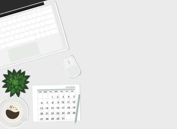 工作区顶视图。桌上放着笔记本电脑、日历、咖啡和植物图片下载