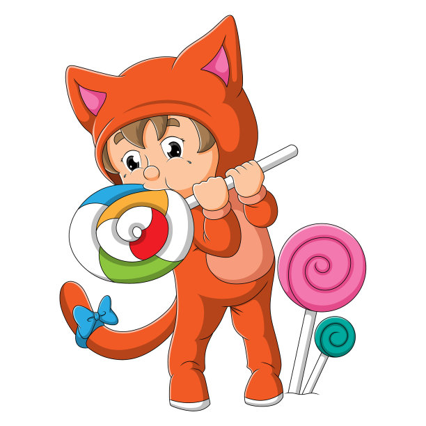 穿猫服的男孩在咬棒棒糖图片下载