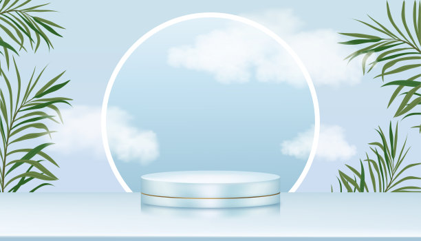 工作室的讲台展示与圆柱体站在蓝天，云和棕榈叶在墙上图片下载