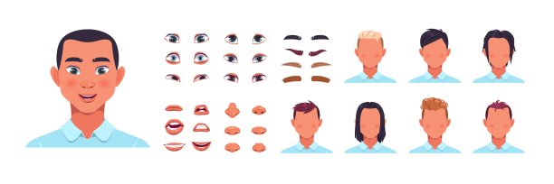 男人面对工具包。男性头像构造工具，有头发，鼻子和嘴唇。脸型和发型模板。眼睛加上眉毛。矢量卡通人像可编辑元素集图片下载