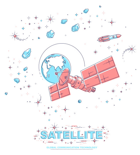 通信卫星绕地球轨道飞行，航天器空间站有太阳能电池板和卫星天线板，有火箭、星星等元素。向量。图片下载