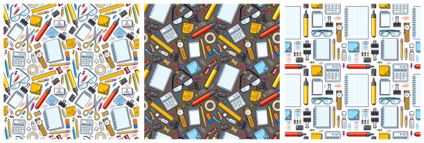 办公办公桌顶视图用很多不同的文具元素无缝矢量壁纸集，商务工作主题形象用多样的物体插图pic。图片下载