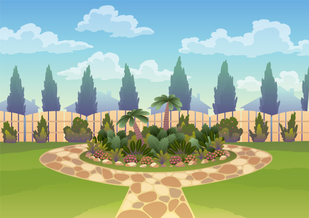 后院有花坛和木篱笆树篱。草地和公园植物，绿色的树木和灌木。园林设计架构图片下载