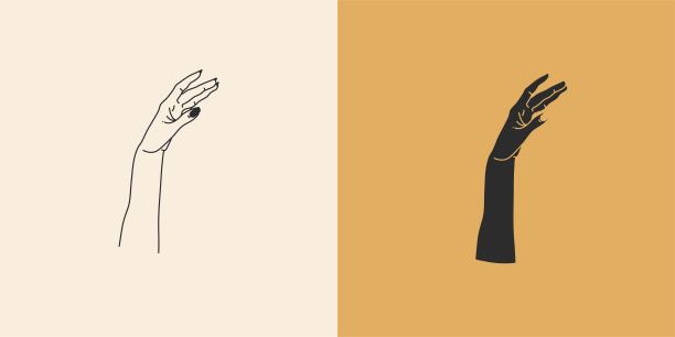 手绘矢量抽象股票平面图形插图与最小的标志元素集合集，神秘的神秘女巫手触摸线画和剪影，魔术艺术在简单的风格为品牌。图片下载