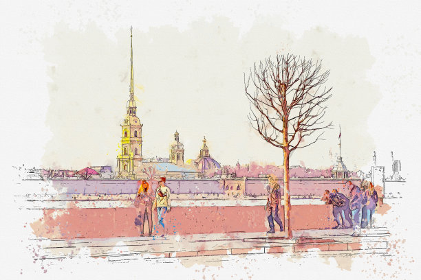 在俄罗斯圣彼得堡的涅瓦河著名地标上，用水彩画描绘了彼得和保罗城堡的风景。图片下载