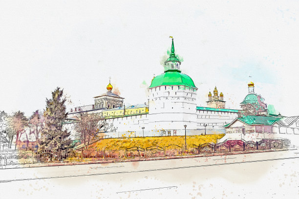 俄罗斯谢尔盖耶夫波萨德的世界遗产圣谢尔盖乌斯的Trinity Lavra水彩画。图片下载