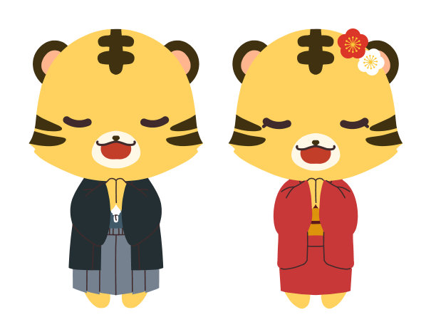 老虎男孩和穿着和服祈祷的女孩的插图图片下载